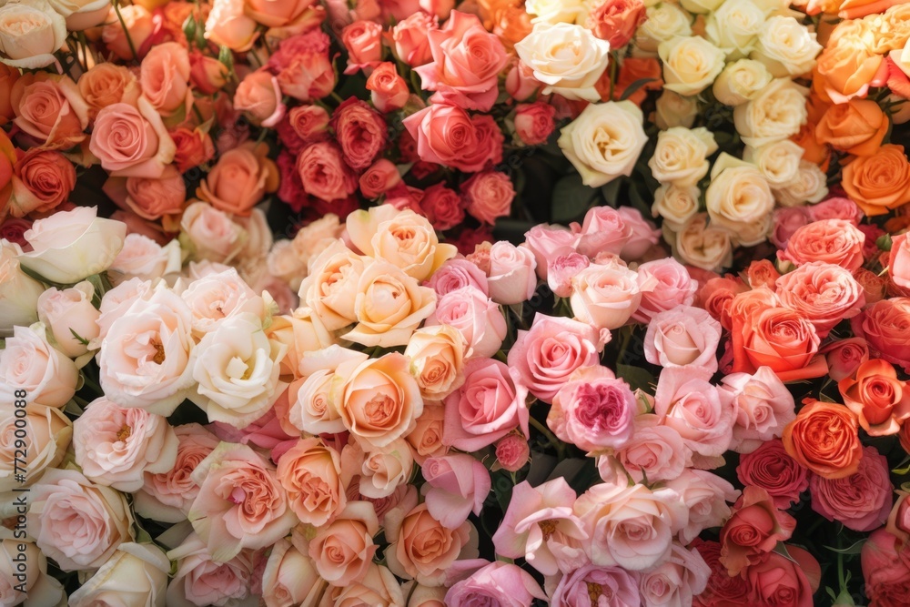 Assorted pink and orange roses background. Close-up view of floral texture.