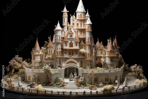 Intricate castle sculpture with detailed figures and landscaping.