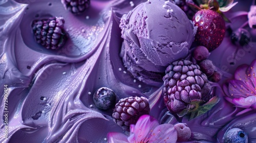 Macro shot of purple ice cream with fresh berries and flowers.