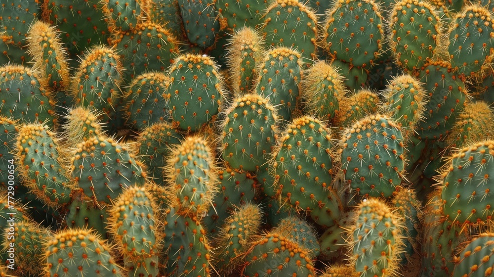 Cluster of prickly pear cacti with green pads and yellow spines. Cluster of prickly pear cacti with green pads and yellow spines.
