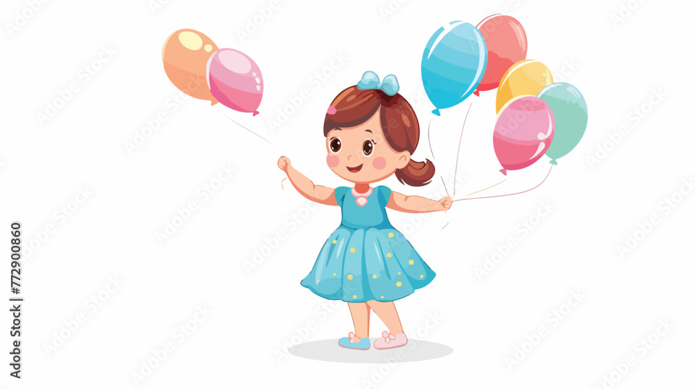 Cute cartoon baby girl in blue dress holds balloons.