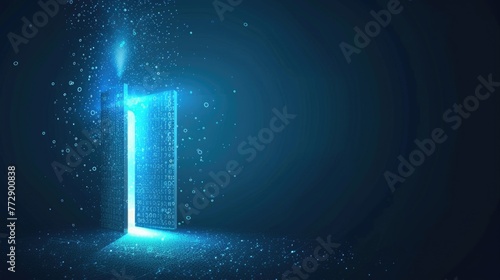 Digital key symbol opening door to universe on starry background.