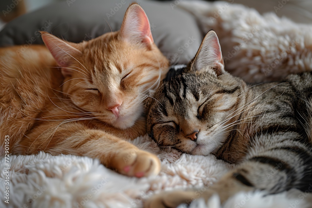 Naklejka premium Two Cats Laying Next to Each Other on a Bed
