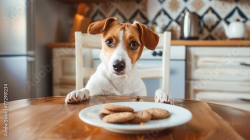 Dog sitting at the table looking at cookies on a plate. photo