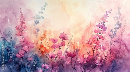 Watercolor illustration of pink flowers on watercolor background. Spring blossom