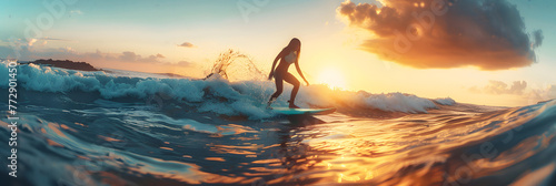 woman Surfing girl on a surfboard In the time of sunlight,Woman ocean during surfing, Surfer and sea waves, wide angle