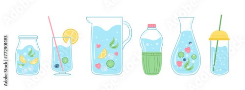 Quote drink more water print, drinking with glass bottle and glass. Doodle hand drawn cute trendy vector illustration. Various flask on white background. Mineral and natural water in clear bottles