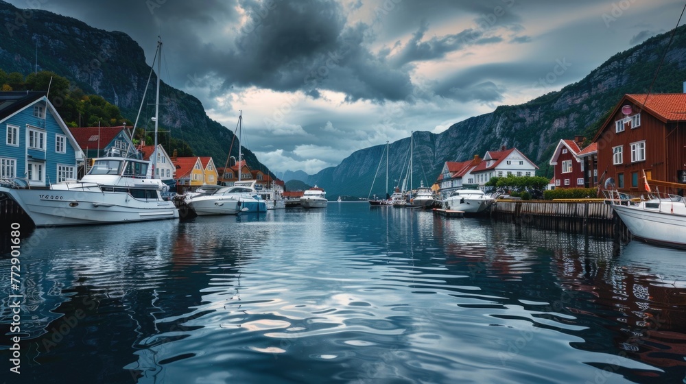 Scenic view of colorful houses and boats in Norwegian fjord.