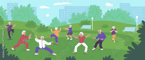 Mature people doing Tai Chi exercises on nature park, vector Chinese gymnastic, elderly women and men on qigong practice