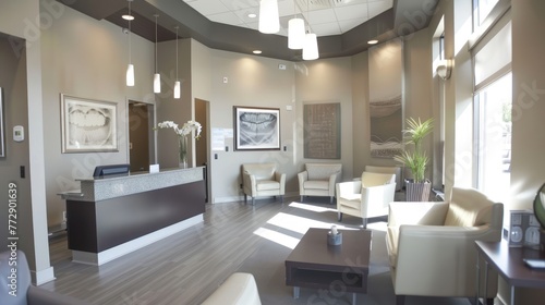 A dental clinic reception area with comfortable seating. 
