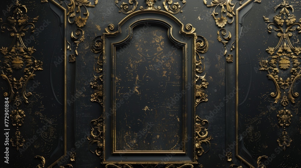 Ornate golden baroque pattern on dark background.