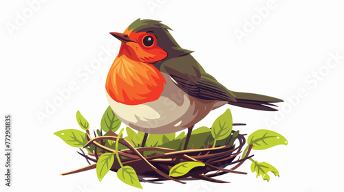 Cute Robin bird on nest icon. Fancy cartoon comic 