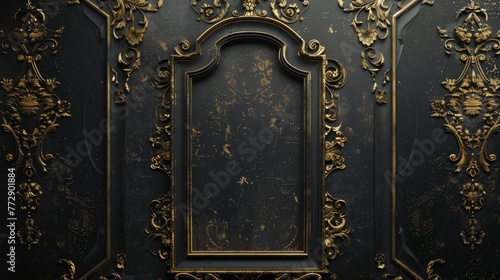 Ornate golden baroque pattern on dark background.