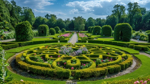 Ornate formal garden with symmetrical topiary and flowerbeds.