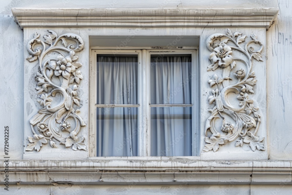 Architectural detail of baroque stucco decoration on window facade.