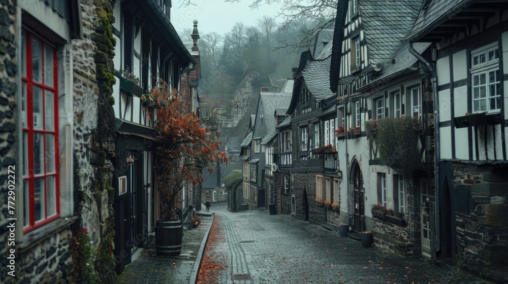 Fototapeta premium Historic European cobblestone street with traditional houses and autumn foliage