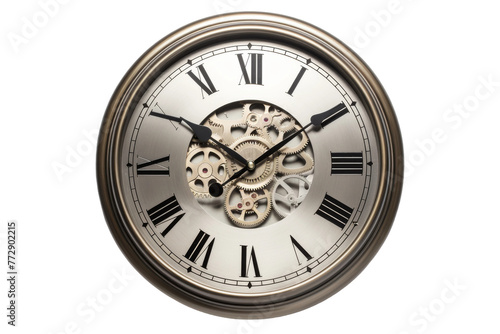 Clock With Gears Displayed on Face. On a White or Clear Surface PNG Transparent Background..