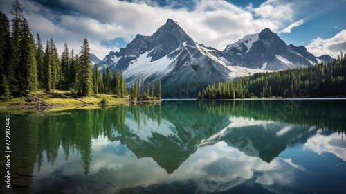 Beautiful lake with towering mountain peaks and sunlight