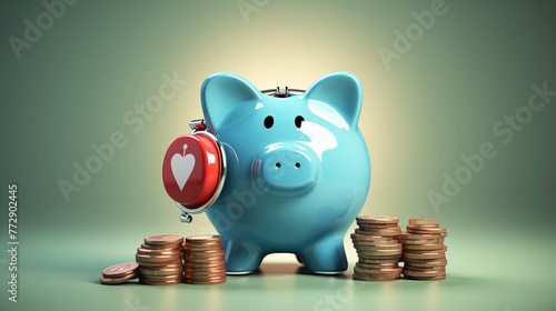 a blue piggy bank with a red alarm clock and stacks of coins