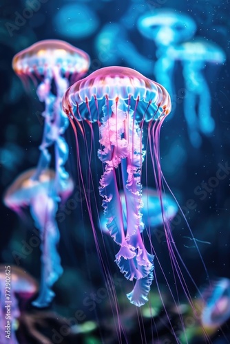 Group of jellyfish swimming underwater. Close-up marine life photo.
