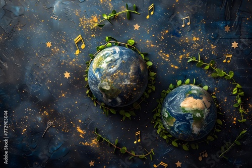 Two Earths Surrounded by Musical Notes and Plants