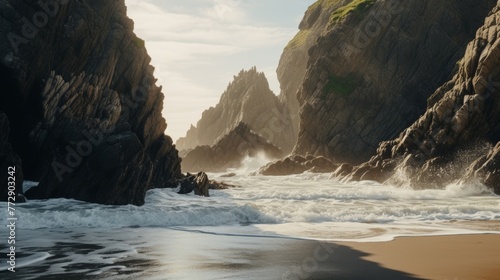 Secluded beach scene with rugged cliffs and crashing waves in nature