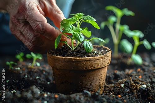 Person Putting Plant in Pot photo