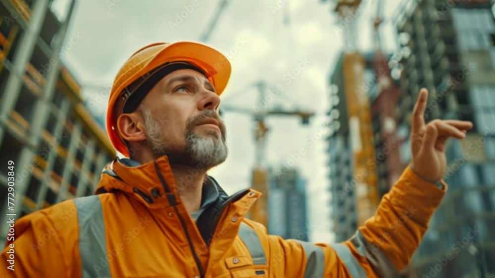 Construction supervisor and workers. A manager in protective workwear and a hard hat looks at a clipboard, an excavator, and a bulldozer. Construction workforce, working labor man. Construction supervisor and workers. A manager in protective workwear and a hard hat looks at a clipboard, an excavator, and a bulldozer. Construction workforce, working labor man.