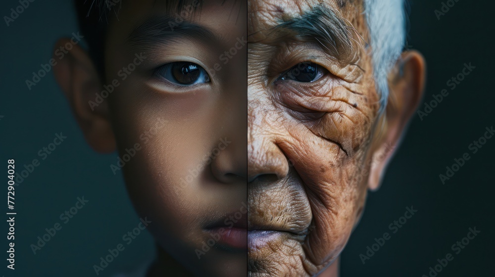 The face is divided into two halves - half of an Asian boy and half of an old Asian man. Distinguishing childhood and old age, aging, maturation, longevity, lifespan, aging, gerontology. The face is divided into two halves - half of an Asian boy and half of an old Asian man. Distinguishing childhood and old age, aging, maturation, longevity, lifespan, aging, gerontology.
