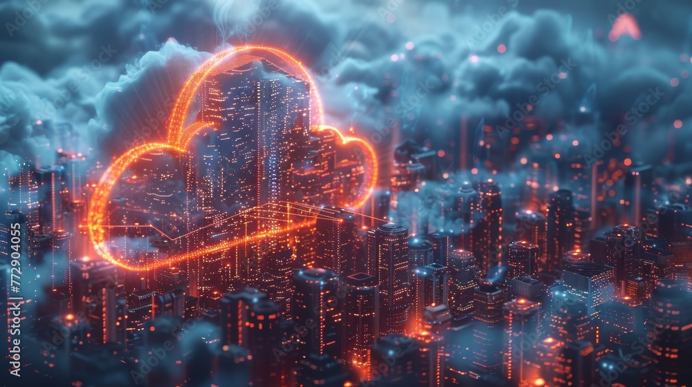 An illustration of an Internet of Things, or a cloud computing technology, with a futuristic city in the clouds