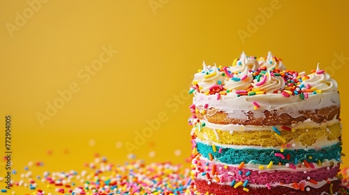 A vibrant rainbow-themed birthday cake with colorful sprinkles on top, set against a bright yellow background.