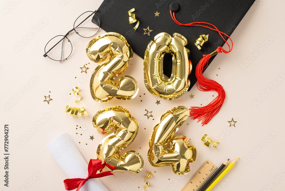 Graduation success theme. Top view of 2024 gleaming balloons, graduation cap, diploma, study essentials, writing materials, glasses, glimmering tinsel on soft beige background - obrazy, fototapety, plakaty 