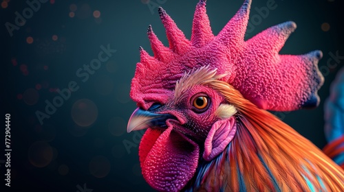 Chinese zodiac sign of rooster, graphic of futuristic futuristic rooster with traditional Chinese elements, Chinese word refers to rooster zodiac sign