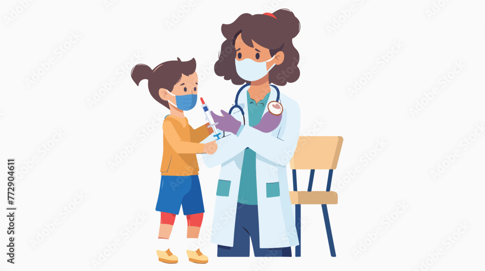Female doctor in mask vaccinating little child patient