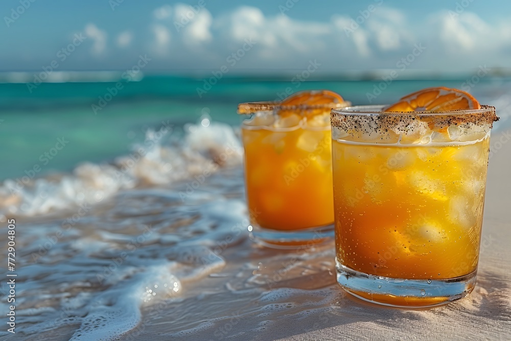 Two Glasses of Orange Juice on a Beach Two Glasses of Orange Juice on a Beach