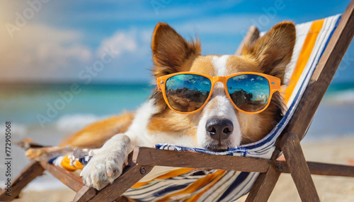 Cute Dog wearing cool glasses sleeping on a beach chair in a beautiful beach on a sunny vacation © Bounpaseuth