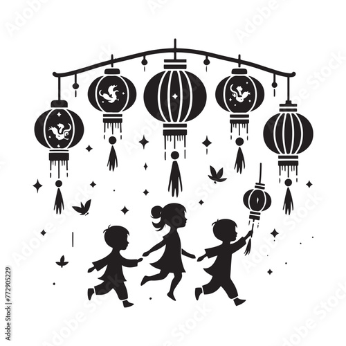 Luminous Silhouettes: Vector Chinese Children Adorned with Lanterns Against Night Sky in Stylized Artwork- children with festive lanterns black vector stock