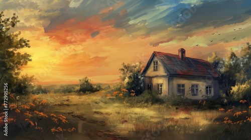 A house in the field. Oil painting. A little house or cottage in the field painted by oil. Harsh strokes. Impressionism or realism landscape painting. photo