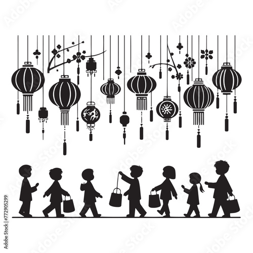 Luminous Silhouettes: Vector Chinese Children Adorned with Lanterns Against Night Sky in Stylized Artwork- children with festive lanterns black vector stock