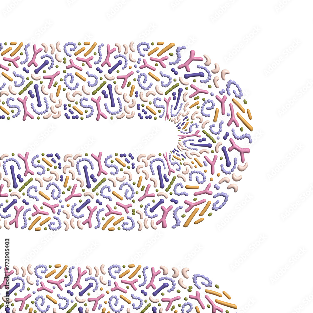 3d render Microbiome abstract banner design. Probiotics concept. Lactic acid bacteria. Good microorganisms for gut, intestinal flora health. Microflora. Volume illustration.