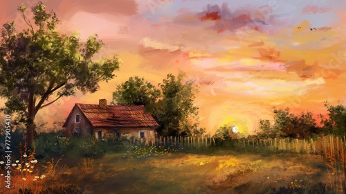 A house in the field. Oil painting. A little house or cottage in the field painted by oil. Harsh strokes. Impressionism or realism landscape painting. © Yana