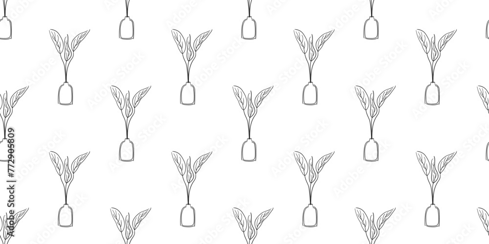 Seamless botanical Pattern in outline style. Leaves in pot nature illustration. Vector design room elements in black and white color