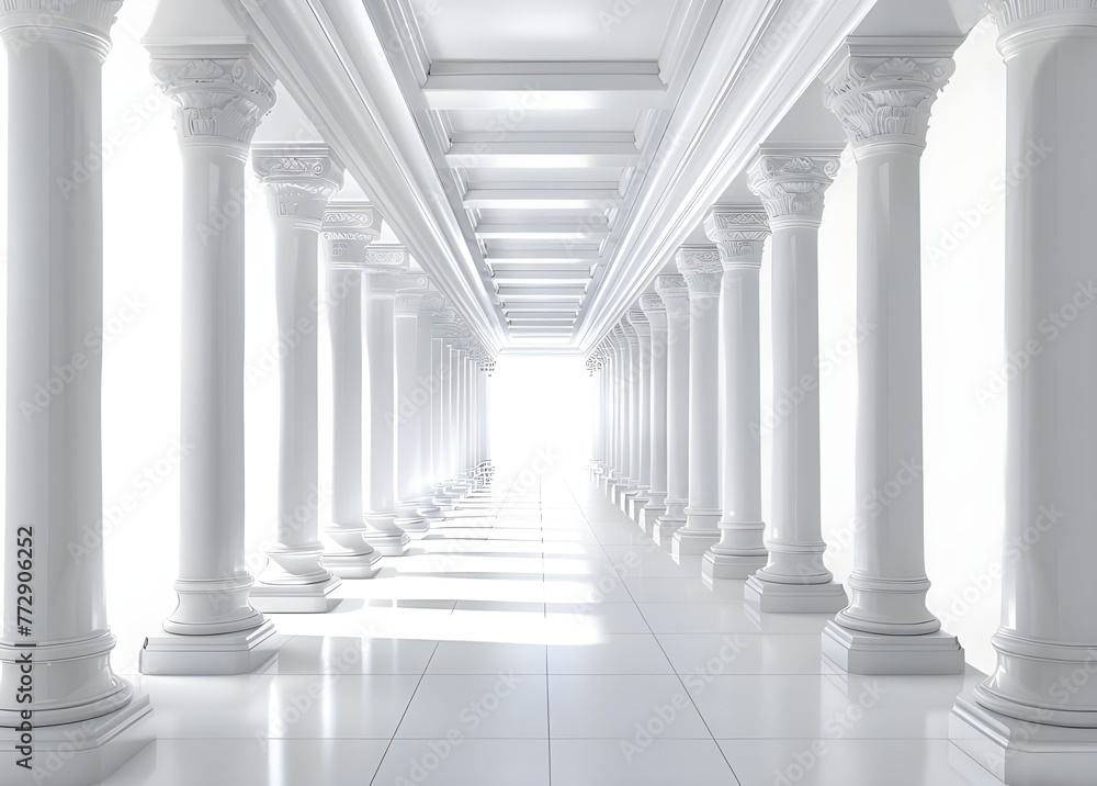  White columns in a long hallway with a light at the end.