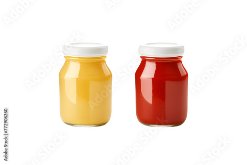 Assorted Jars Filled With Colored Liquid. On a White or Clear Surface PNG Transparent Background..