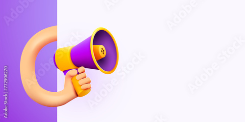 3d hand holding megaphone speaker or loudspeaker bullhorn for announce. Social media promotion