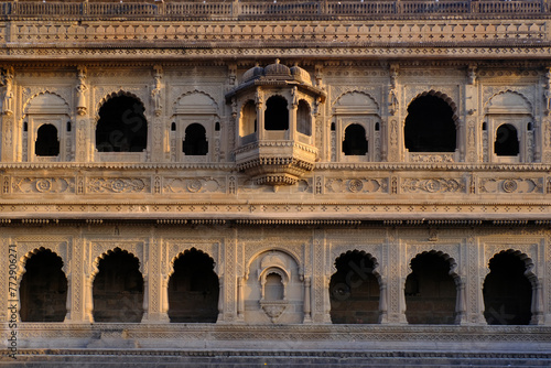 24 February 2024, Exterior View of the scenic tourist landmark Maheshwar fort in Madhaya pradesh in India.This monument is on the banks of the Narmada River. photo