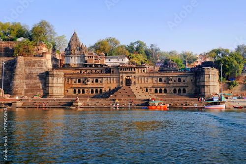 24 February 2024, Exterior View of the scenic tourist landmark Maheshwar fort in Madhaya pradesh in India.This monument is on the banks of the Narmada River. photo