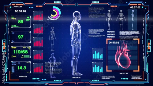 A computer monitor displays a human body with a heart and a skeleton. The image is in blue and red colors and has a futuristic feel to it photo
