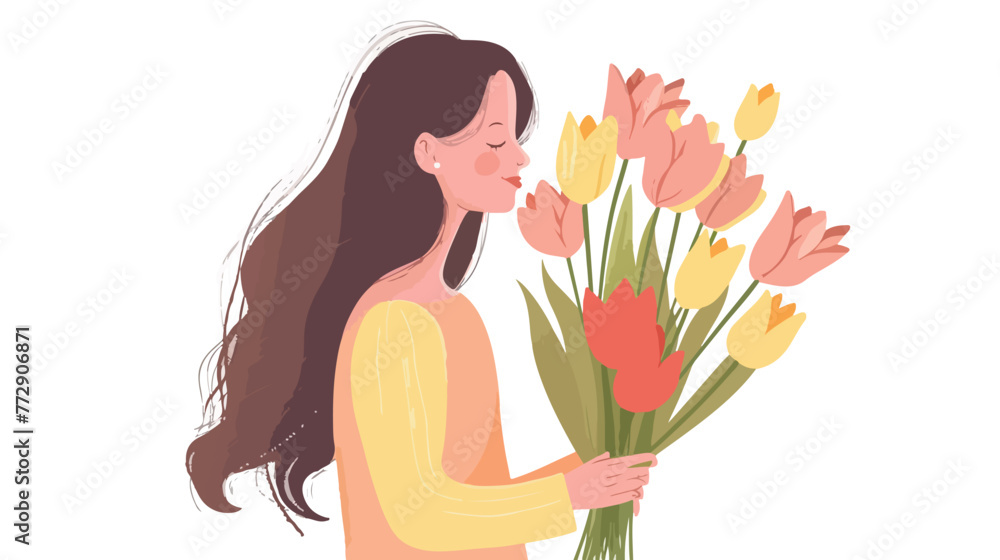 Girl with a bouquet of tulips. Vector concept 