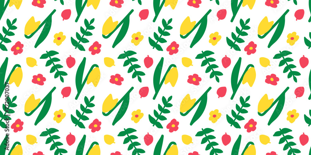 Colorful Flower seamless pattern illustration in Children style art. Floral doodle endless bright background funny simple nature shapes wallpaper. Spring child wrapping Colorful Flower seamless pattern illustration in Children style art. Floral doodle endless bright background funny simple nature shapes wallpaper. Spring child wrapping
